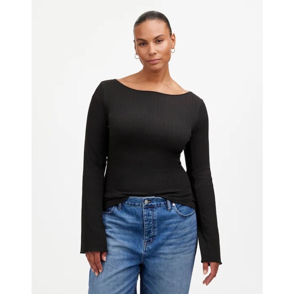 Madewell Ribbed Long-Sleeve Boatneck‎ Top Jet Black XS NS805 Casual Minimal